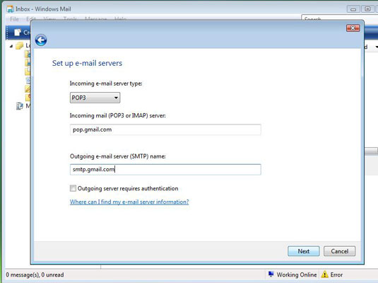 configuring windows mail for gmail on vista
