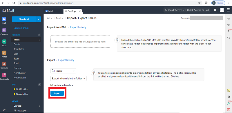 Export emails from Zoho