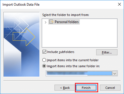 Start Importing PST file in Outlook