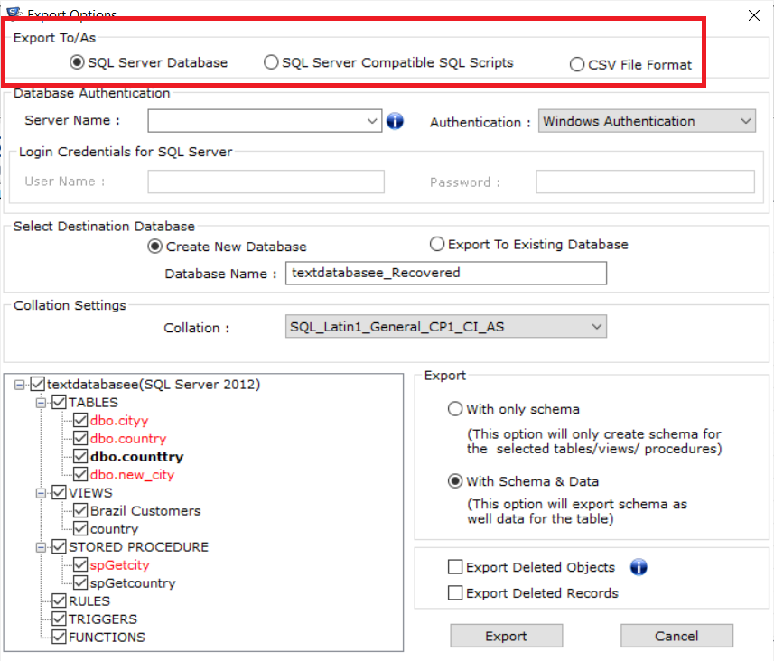 Select SQL Server Database option