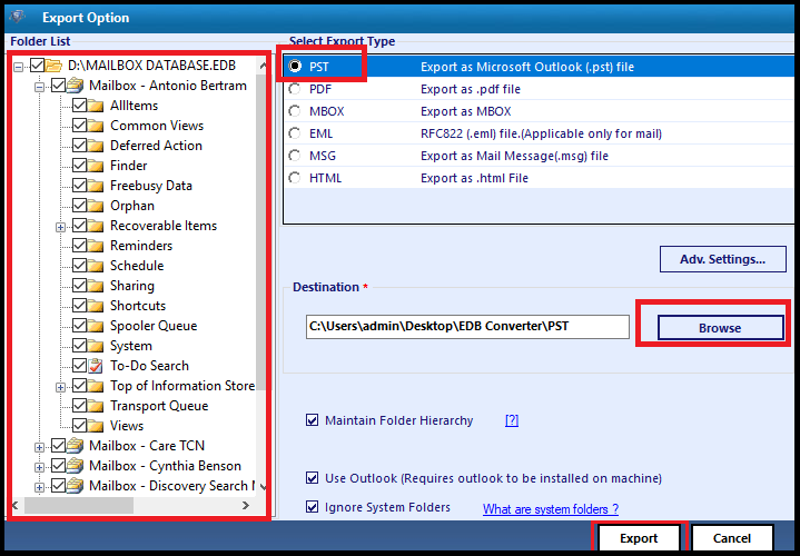 export mailboxes